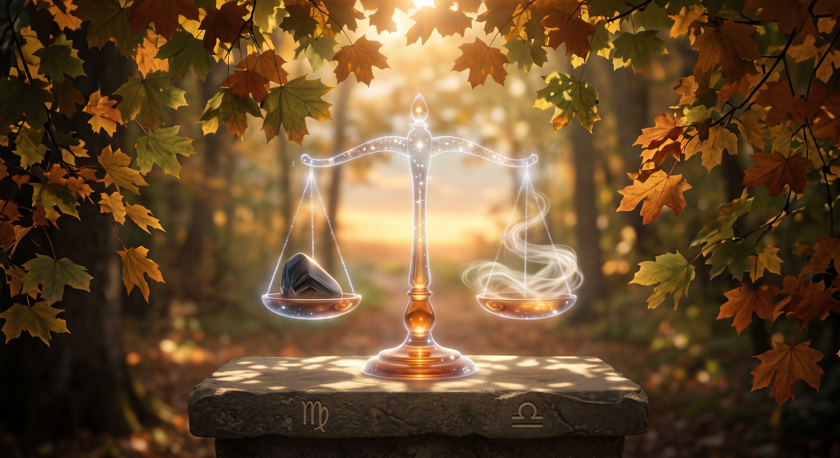 Golden sunlight illuminating ethereal astrological balance scales surrounded by autumn leaves, symbolizing the 2026 Autumn Equinox Virgo-to-Libra shift.