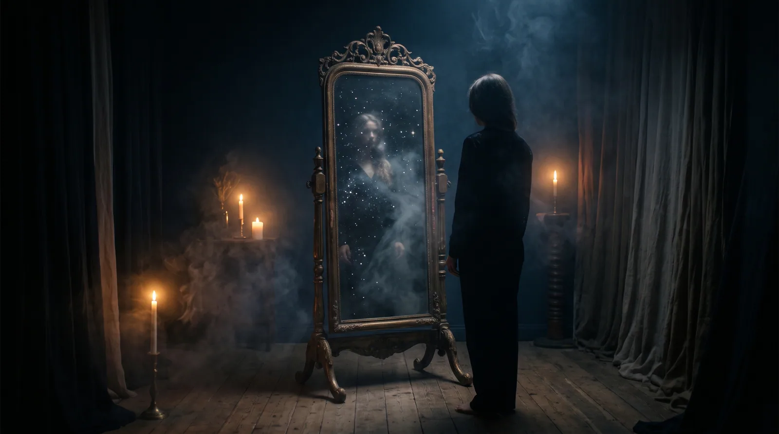 A person gazes into an antique mirror as their reflection dissolves into celestial light in a dreamlike room.