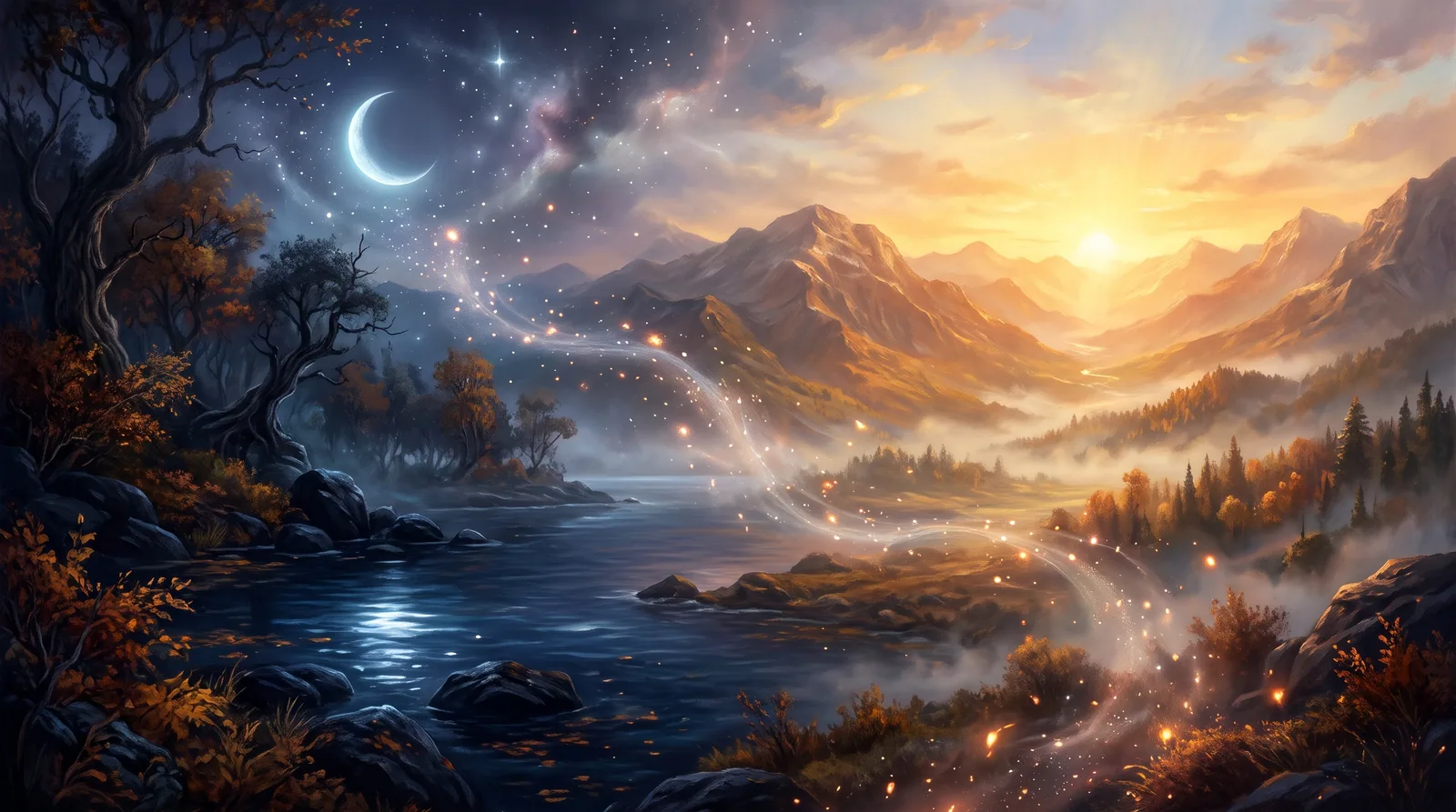 Mystical November landscape transitioning from Scorpio’s deep blue waters to Sagittarius’s golden sunrise, symbolizing spiritual renewal and new beginnings.