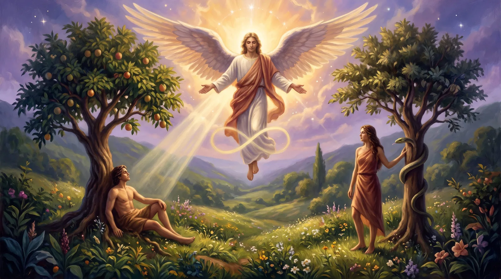 The Lovers tarot card showing two figures beneath an angel, symbolizing love, spiritual harmony, and soul-aligned choices.