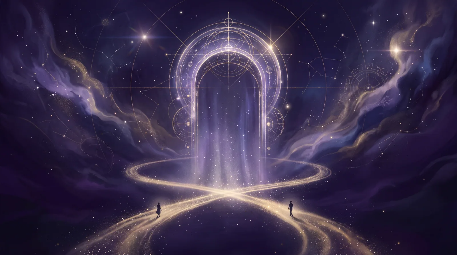A luminous celestial gateway with two golden paths meeting among the stars, symbolizing the Vertex in astrology and meaningful life encounters.